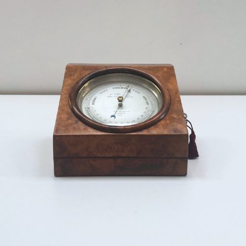 fig 1. Early Victorian Desk Aneroid Barometer in Burr Walnut Case by CW Dixey London