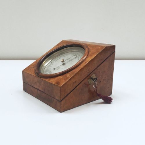 fig 3. Early Victorian Desk Aneroid Barometer in Burr Walnut Case by CW Dixey London