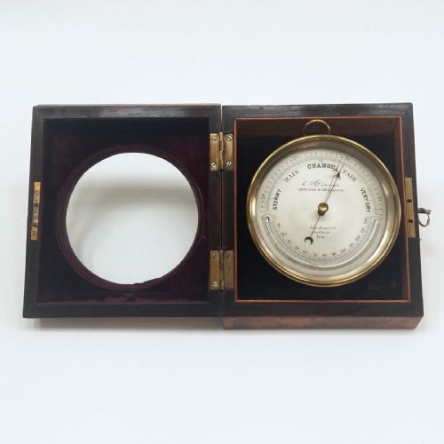fig 5. Early Victorian Desk Aneroid Barometer in Burr Walnut Case by CW Dixey London