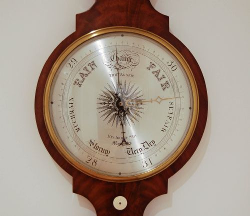 fig 1. Early Victorian Flame Mahogany Wheel Barometer by Thomas Agnew Manchester