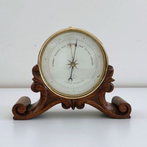 Early Victorian Aneroid Barometer on Carved Oak Stand by Frederick Cox, London