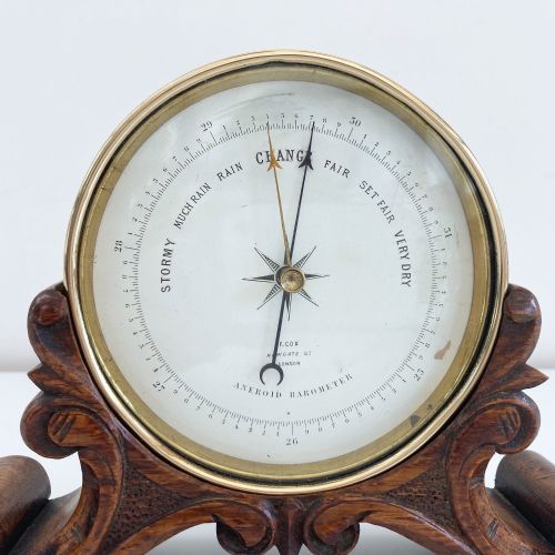 fig 3. Early Victorian Aneroid Barometer on Carved Oak Stand by Frederick Cox, London