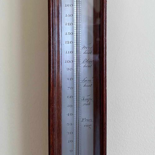 fig 1. A vertical George III mahogany cased wall thermometer featuring a glazed front, silvered register scale, and top hanging loop.