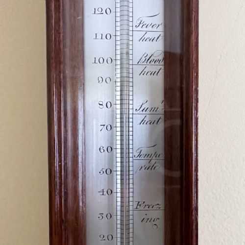 fig 6. A vertical George III mahogany cased wall thermometer featuring a glazed front, silvered register scale, and top hanging loop.