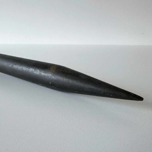 fig 3. A Victorian hotbed soil thermometer featuring a long black pointed iron spike attached to a dark wooden housing with a open hinged protective lid revealing a glass scale.