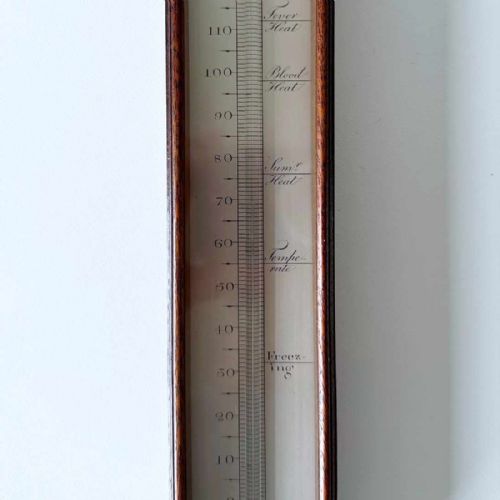 fig 2. An 18th-century vertical mahogany cased wall thermometer with an engraved scale plate and glass capillary tube.