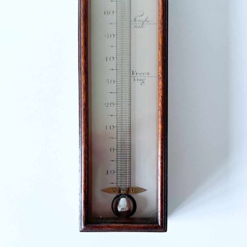 fig 3. An 18th-century vertical mahogany cased wall thermometer with an engraved scale plate and glass capillary tube.