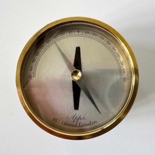 fig 2. A Victorian brass pocket galvanometer with a silvered dial housed inside a open dark leather protective case lined with blue velvet.