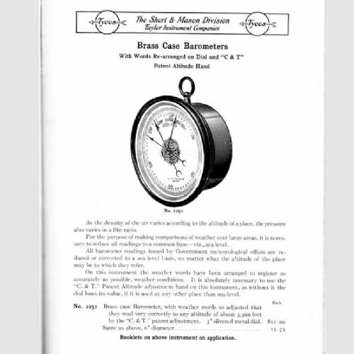 fig 5. A circular brass wall-hanging aneroid barometer featuring a silvered dial with Gothic lettering, calibrated scale, and multiple indicator pointers.