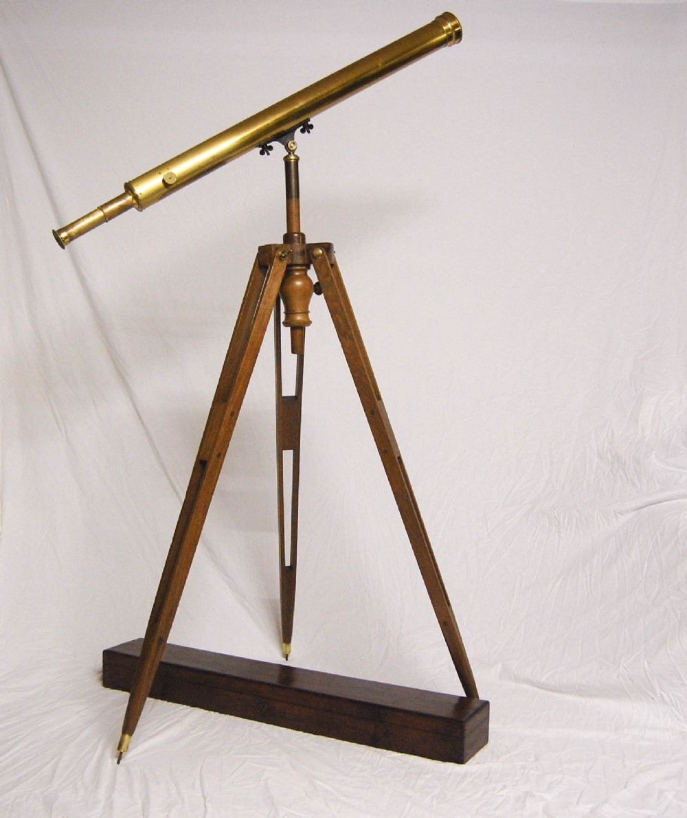 French Early Victorian Brass Lacquered Telescope on Walnut Stand with Case 