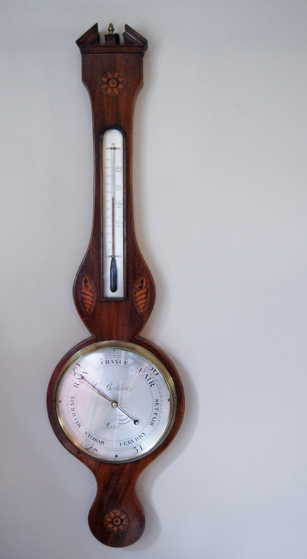 Regency Period Mahogany & Satinwood Wheel or Banjo Barometer by C. Bellatti