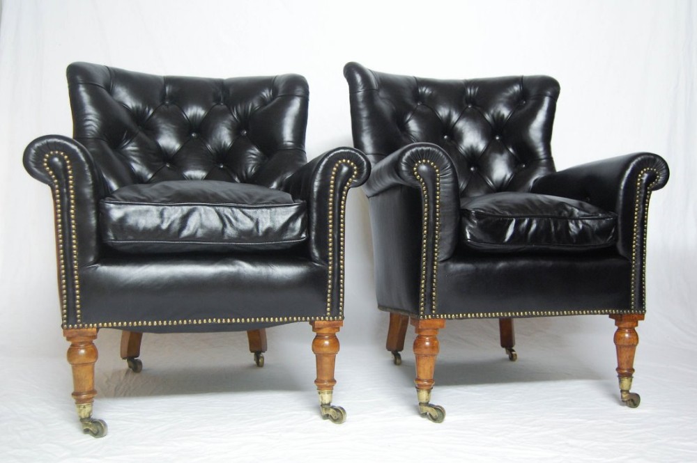 A Rare Pair of Early Victorian Bergere Library Chairs by Holland & Sons