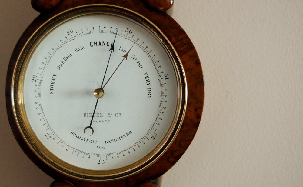 Victorian Walnut Cased Miniature Wheel Barometer by Riddel & Co Belfast View VI