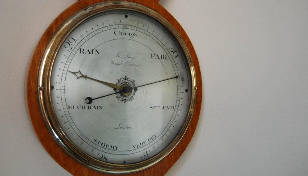 George III Period Satinwood Wheel Barometer by James Long, Royal Exchange, London. View III