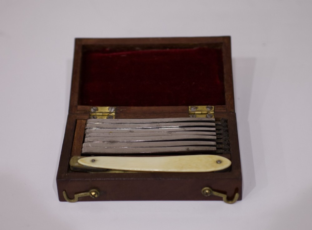 William IV Cased Set of Seven Day Cut Throat Razors by Sansom Harwood & Co Sheffield