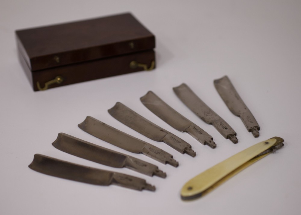 William IV Cased Set of Seven Day Cut Throat Razors by Sansom Harwood & Co Sheffield View IV