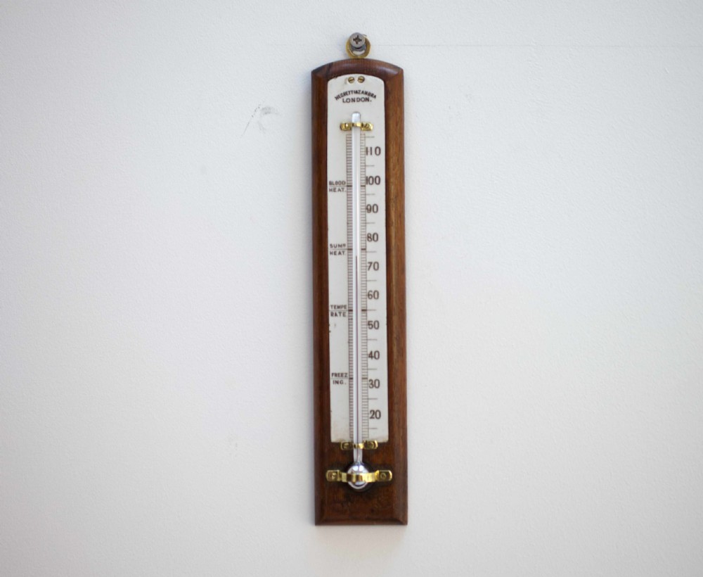 Victorian Oak & Ceramic Scale Wall Thermometer by Negretti & Zambra London