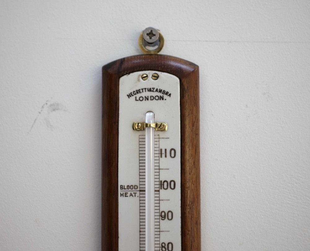 Victorian Oak & Ceramic Scale Wall Thermometer by Negretti & Zambra London View II