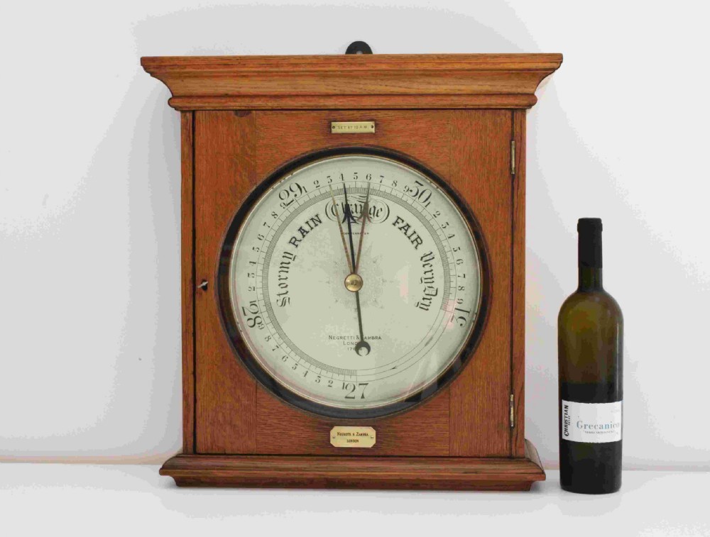 Large Victorian Public Display Aneroid Barometer in Oak Case by Negretti & Zambra London View II