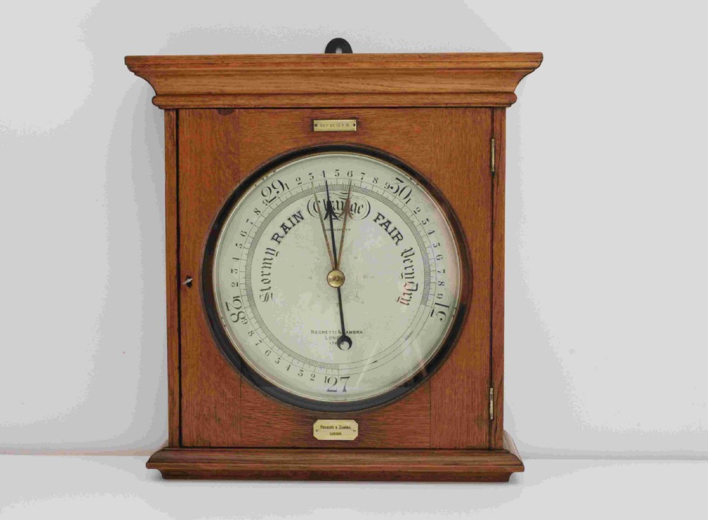 Large Victorian Public Display Aneroid Barometer in Oak Case by Negretti & Zambra London