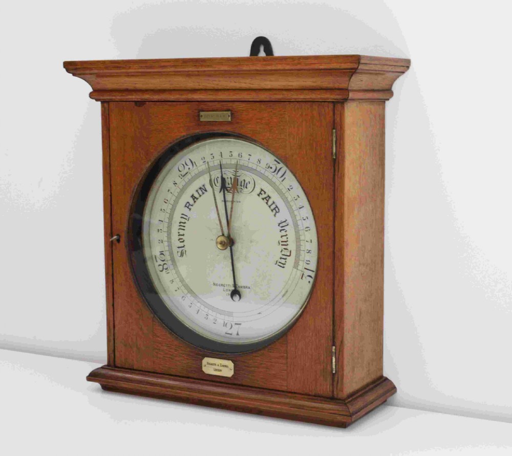 Large Victorian Public Display Aneroid Barometer in Oak Case by Negretti & Zambra London View III
