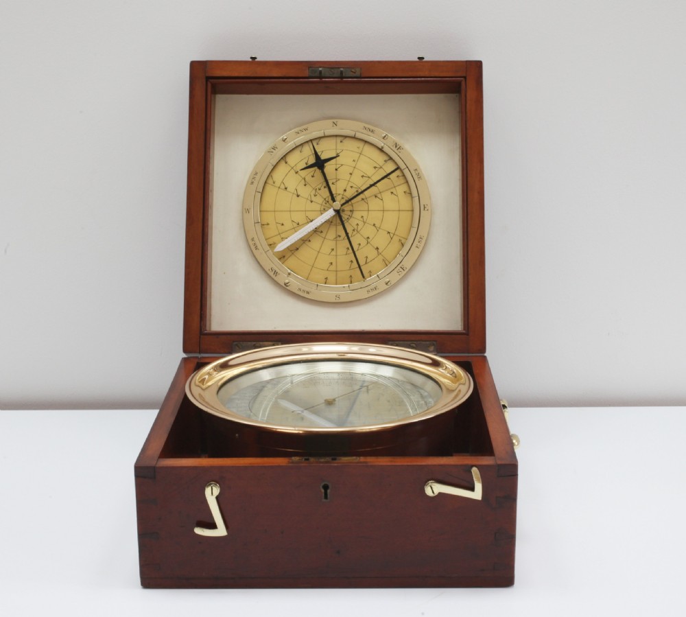 An early twentieth-century barocyclonometer housed in a hinged mahogany box, featuring a circular brass typhoon barometer in the lower section and a directional cyclone dial mounted in the upper lid. View II
