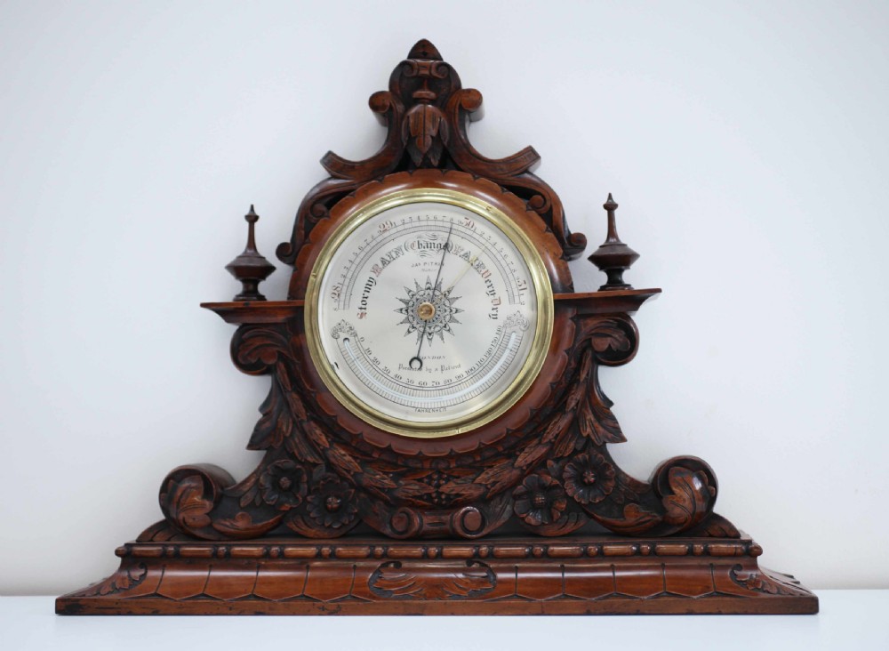 Large Victorian Aneroid Barometer in Carved Walnut Display by James Pitkin London