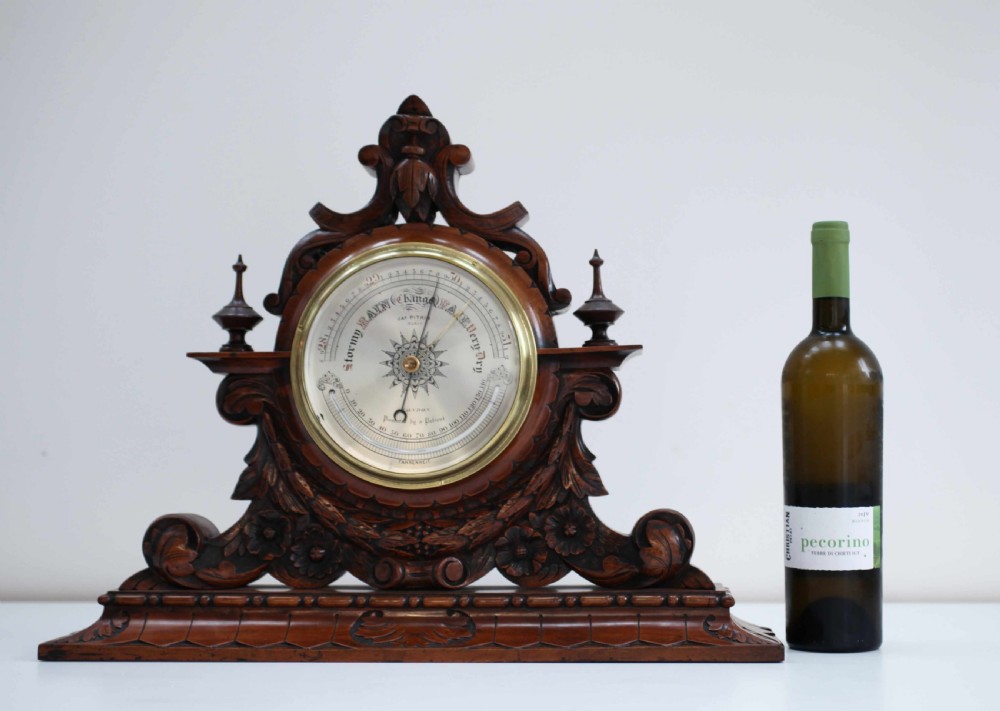 Large Victorian Aneroid Barometer in Carved Walnut Display by James Pitkin London View II