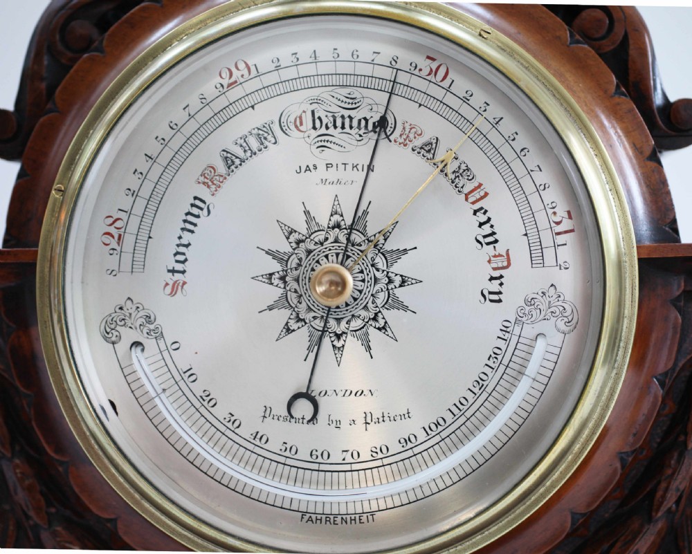 Large Victorian Aneroid Barometer in Carved Walnut Display by James Pitkin London View III