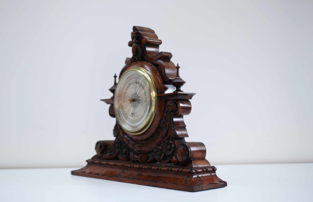 Large Victorian Aneroid Barometer in Carved Walnut Display by James Pitkin London View V