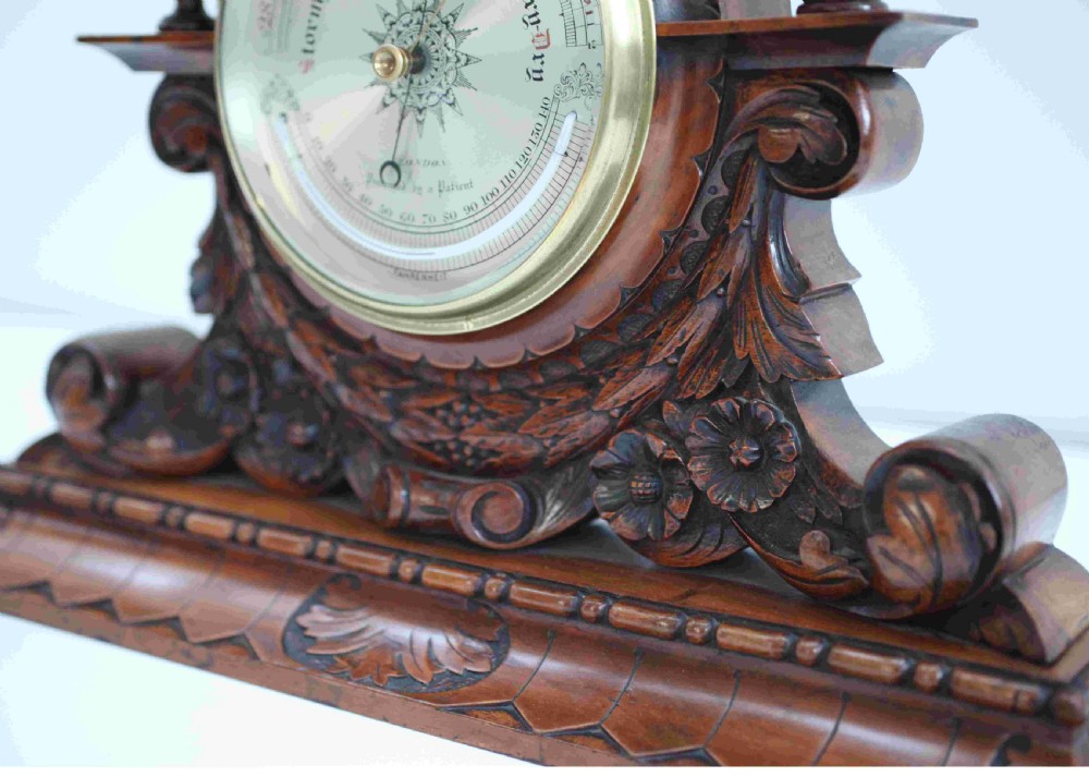 Large Victorian Aneroid Barometer in Carved Walnut Display by James Pitkin London View IX
