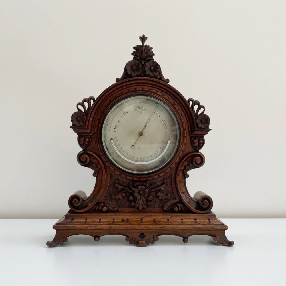 Mid-Victorian Aneroid Barometer in Carved Oak Case by J Hicks London