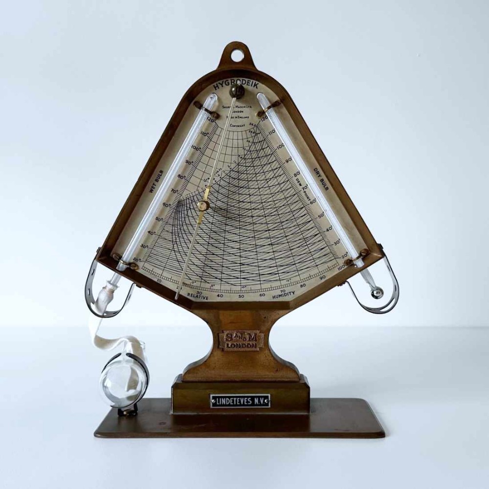 A triangular brass Hygrodeik scientific hygrometer with glass tube thermometers on both sides and a central calculating chart with a pointer.