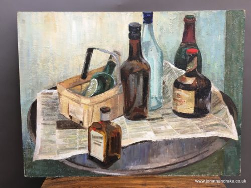 Oil on Board-  Still Life with Bottles.
