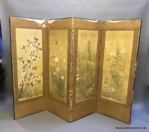 Japanese Painted 4 Fold Screen