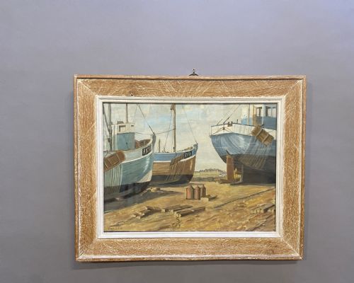 OIL ON BOARD BOAT YARD SIGNED