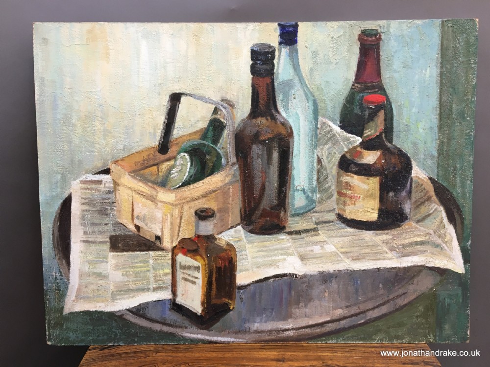oil on board-  still life with bottles.