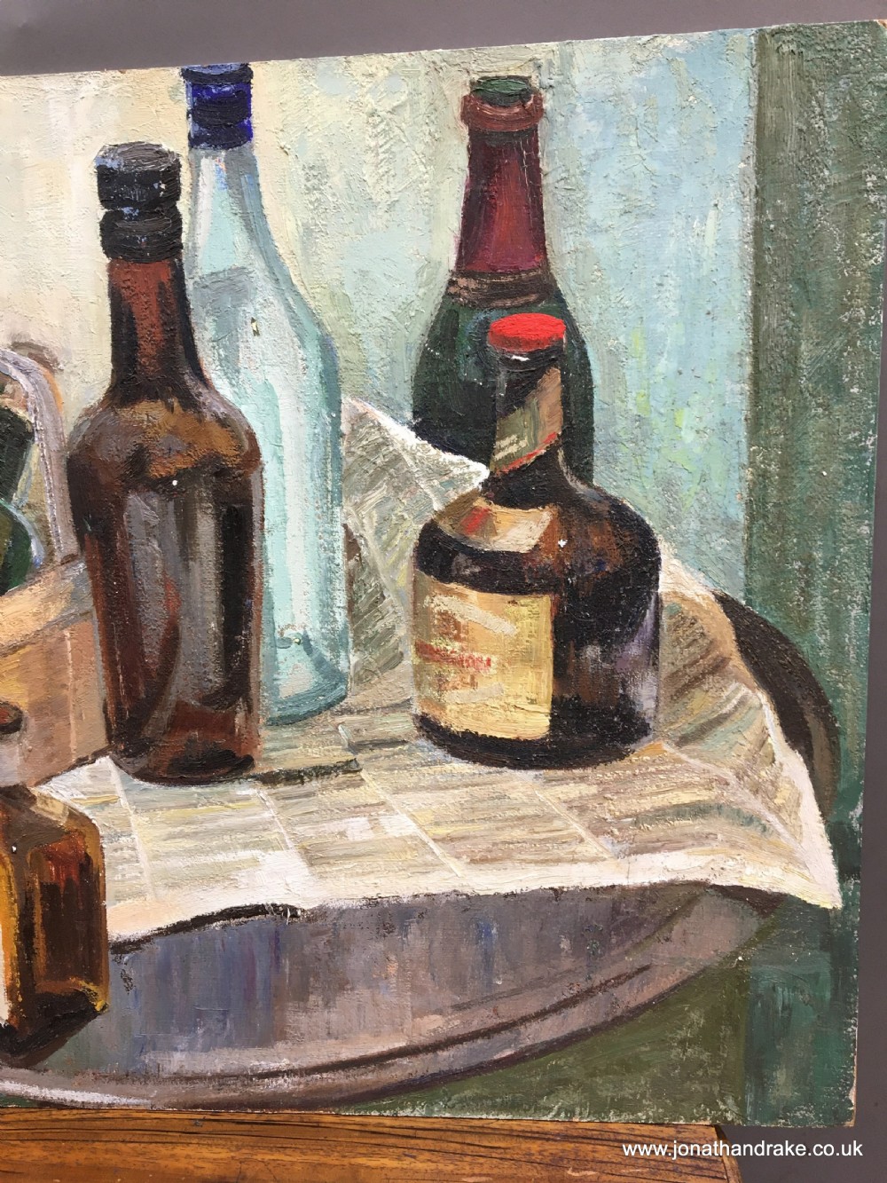 oil on board-  still life with bottles. View II