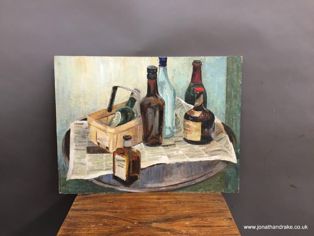 oil on board-  still life with bottles. View IV