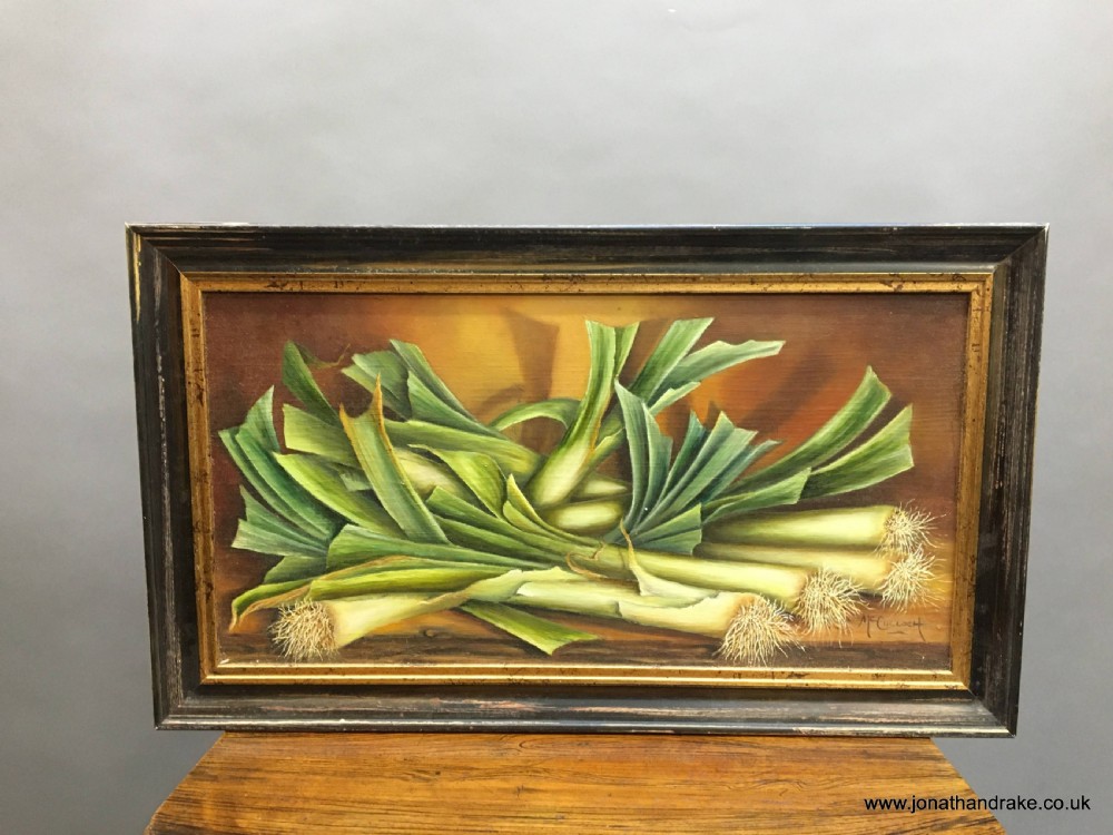 oil on board- still life leeks