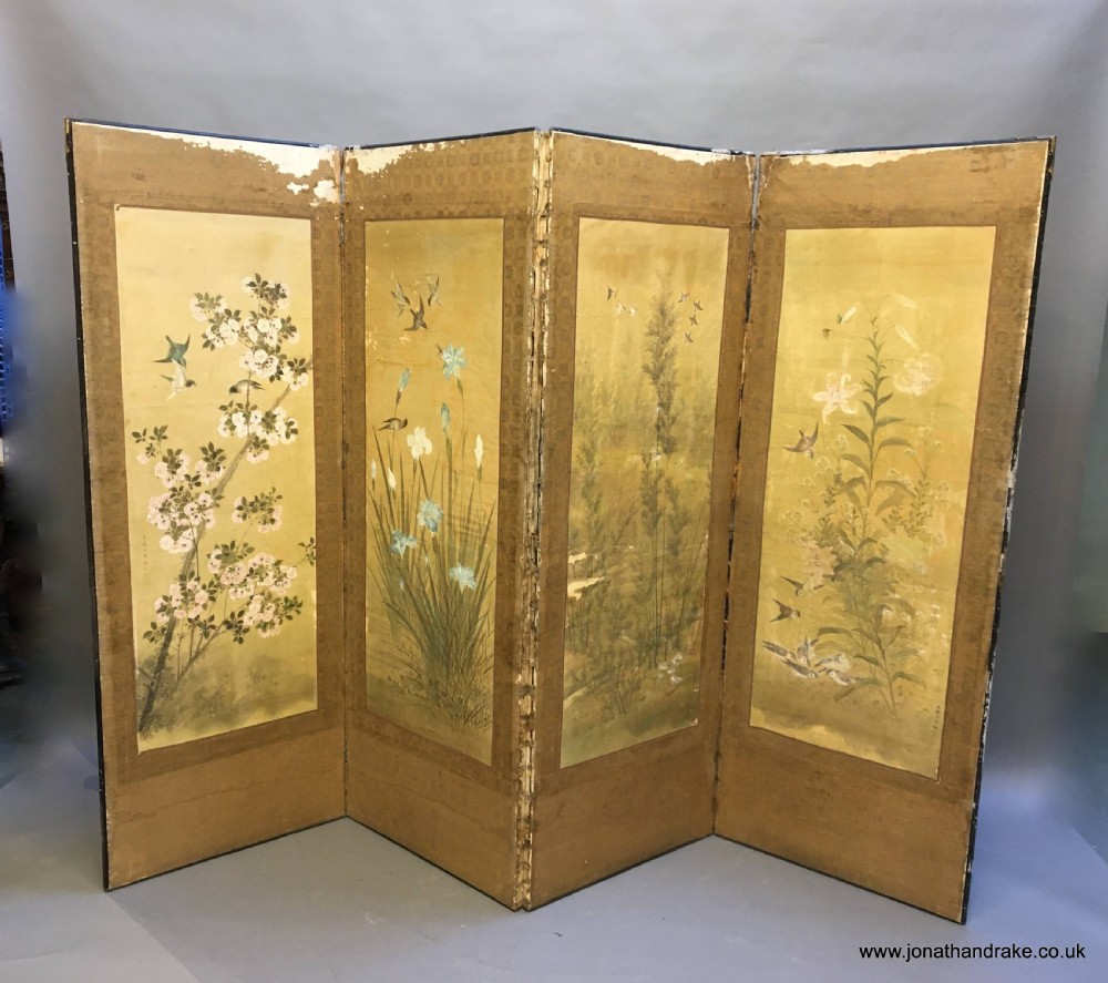 japanese painted 4 fold screen
