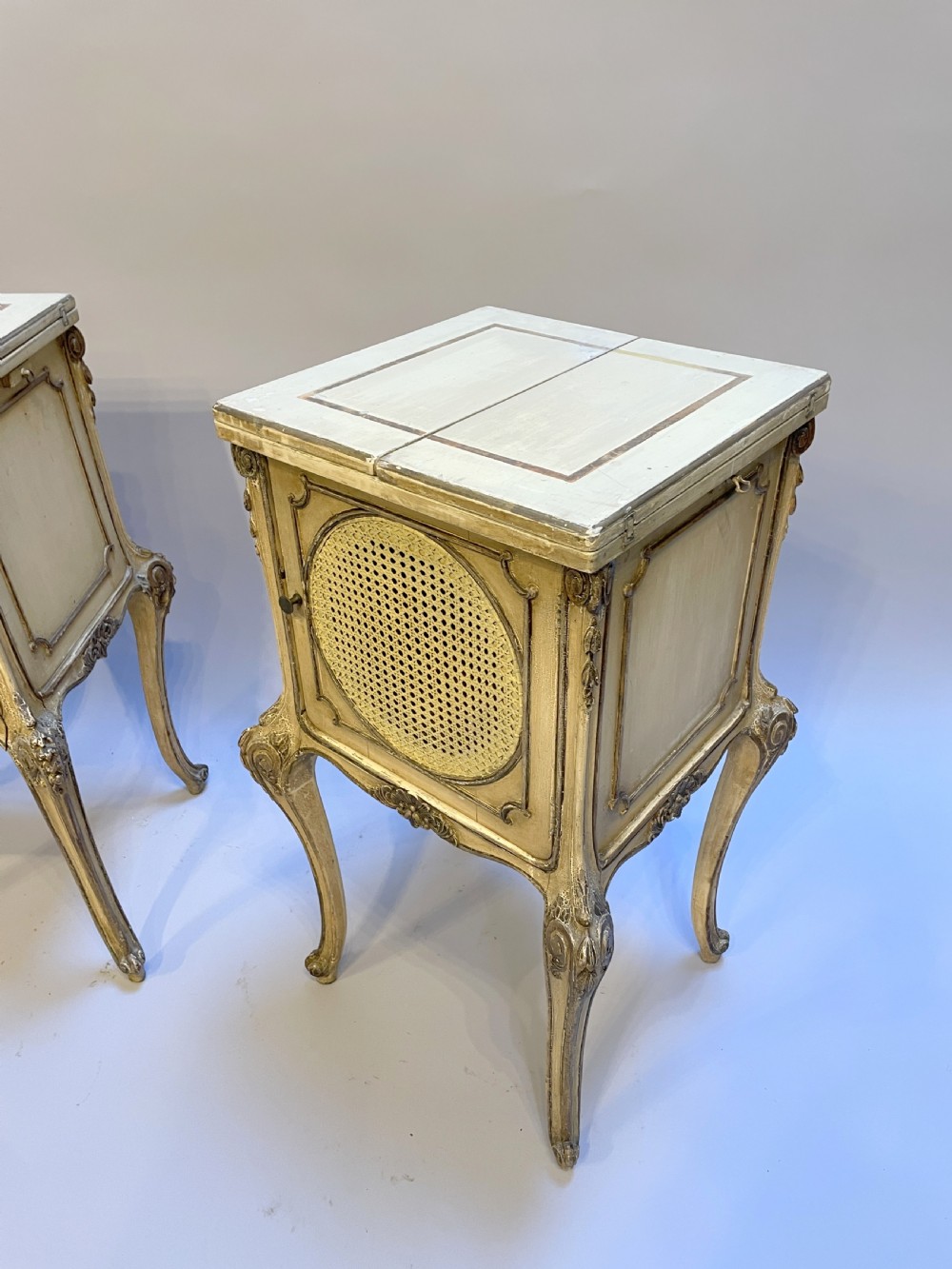 Pair French painted bedside table cabinets View II