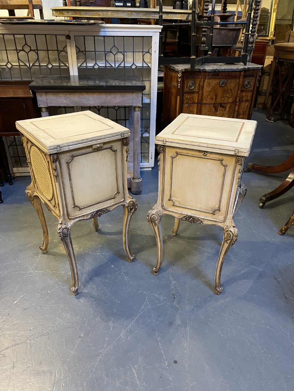 Pair French painted bedside table cabinets View IX