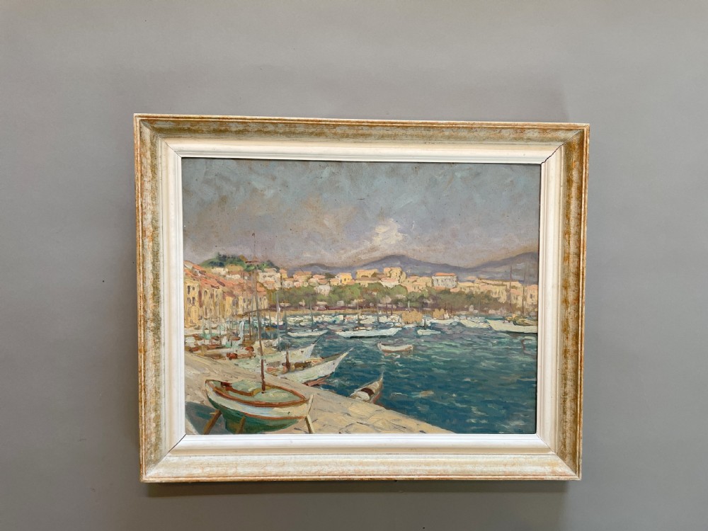 oil on board harbour scene , labelled View V