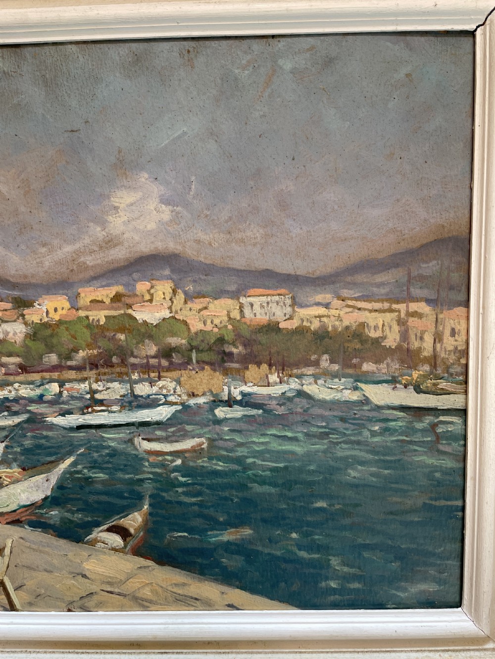 oil on board harbour scene , labelled View VI