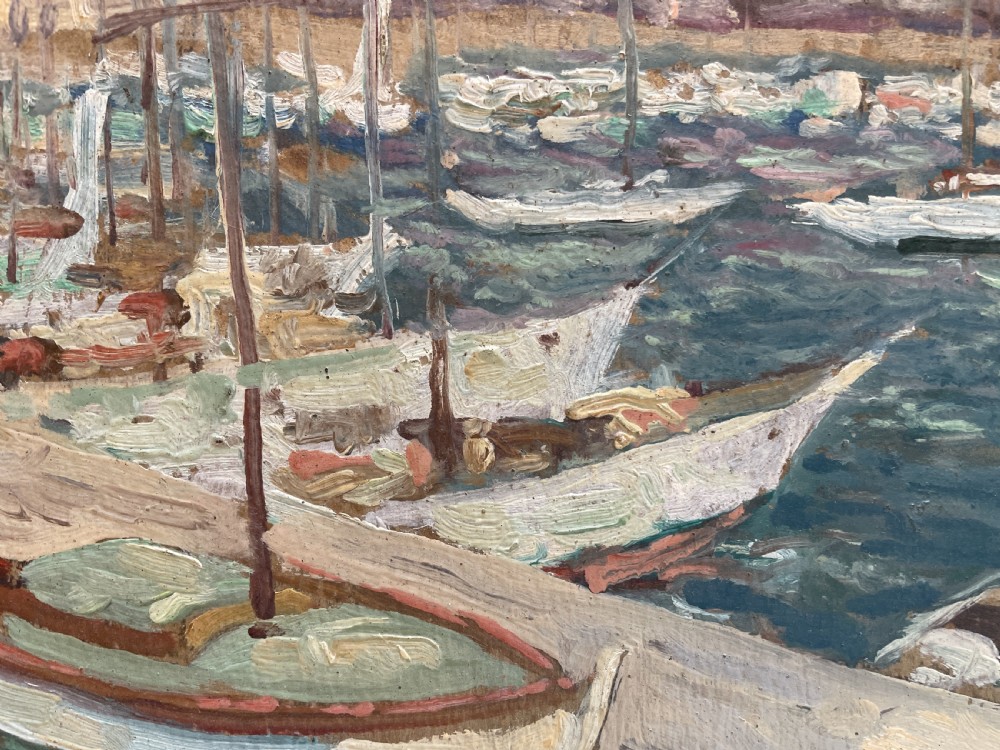 oil on board harbour scene , labelled View VIII