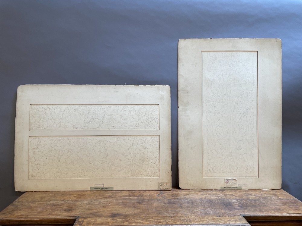 A collection of ten 19th-century academic paper sketches featuring anatomical bones, skulls, architectural columns, and geometric forms. View XIX