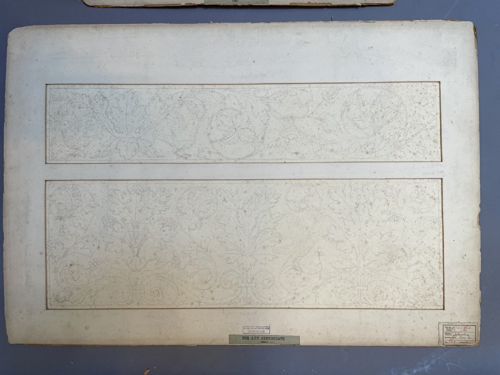 A collection of ten 19th-century academic paper sketches featuring anatomical bones, skulls, architectural columns, and geometric forms. View XXIV