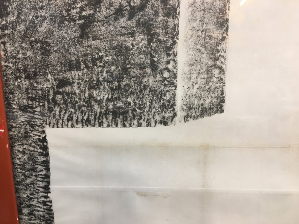 A large monochrome framed paper rubbing depicting a groom attending to a saddled Tang Dynasty horse. View XI