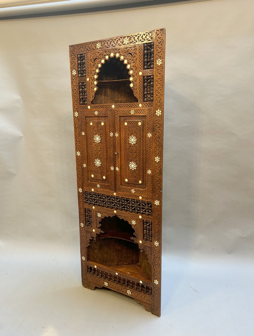 Moorish inlaid hardwood corner display cabinet